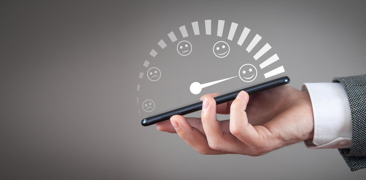 Man holding smartphone. Customer emotions satisfaction meter
