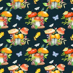 Seamless forest pattern with mushrooms and butterflies on a dark background