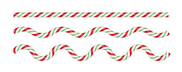 Christmas candy cane wave line with red, green and white striped. Xmas line with striped candy lollipop pattern. Christmas and new year element. Vector illustration isolated on white background.
