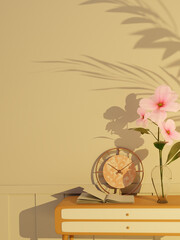 Cosmos flower in glass vase with clock and shadow scene 3D render