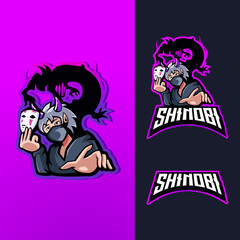 Shinobi or ninja holding a mask and shadow behind it mascot logo design illustration vector for esport gaming