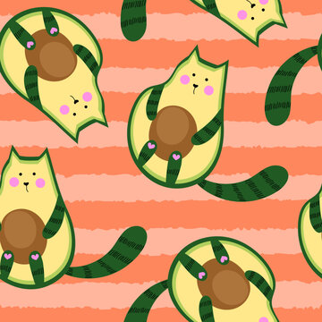 Cute cartoon avocado with cat muzzle, ears and tail. Vector seamless pattern for textile, wrapping paper, greeting cards.