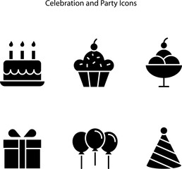 Birthday and celebration outlined icon set isolated on white background. Perfect for design element of party, anniversary event, and festival. Happy birthday icon.