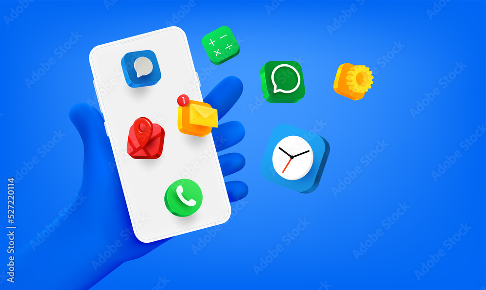 Poster man holding modern smartphone with applications icons. 3d vector illustration