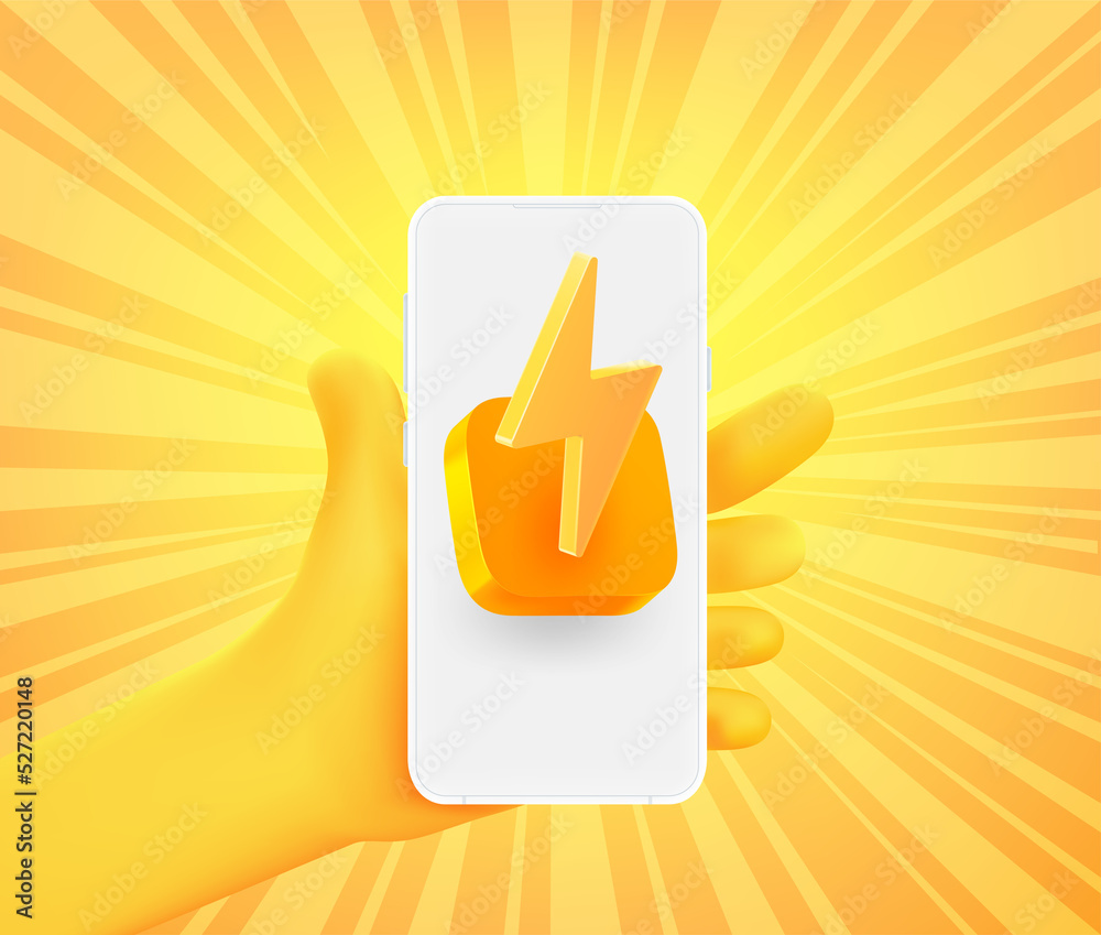 Poster cute comic hand with app icon with lightning on smartphone. 3d vector illustration