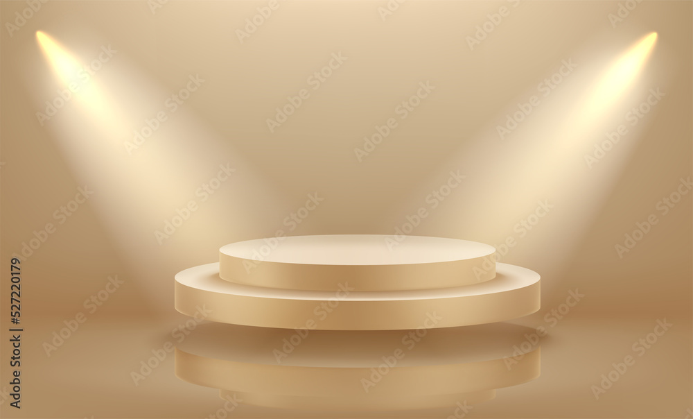 Aufkleber Gold empty interior illuminated with projectors with levitated platform. 3d vector
