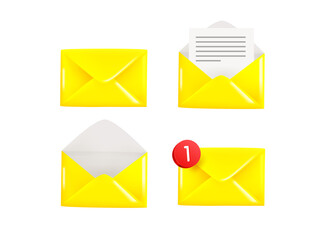 Different envelope icons collection. Opened and closed envelope, new mail and empty letter. 3d vector illustration