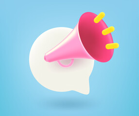 Lounspeaker with speech cloud. Announce concept with loudhailer. 3d vector isolated icon