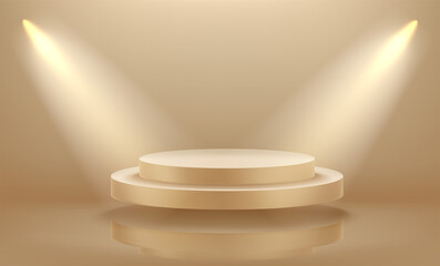 Gold empty interior illuminated with projectors with levitated platform. 3d vector