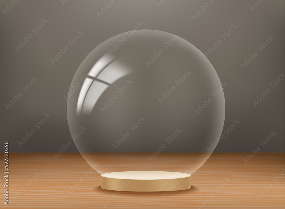 Poster empty showcase with transparent glass sphere. 3d vector presentation mockup