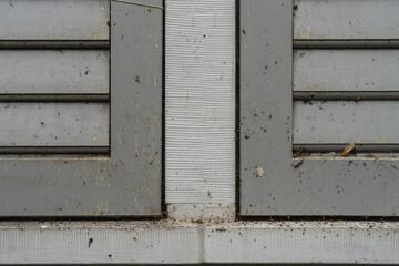 A symmetrical section of shutters with cobwebs
and insects.