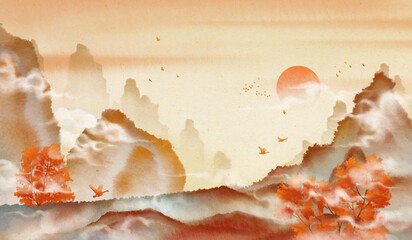 Warm -colored autumn landscape painting.Asian watercolor painting.