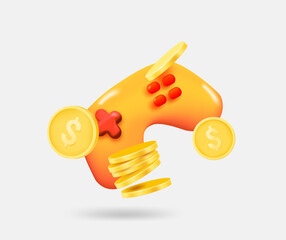 Gaming joystick with golden coins. Earning money with games concept. 3d vector isolated illustration © tovovan