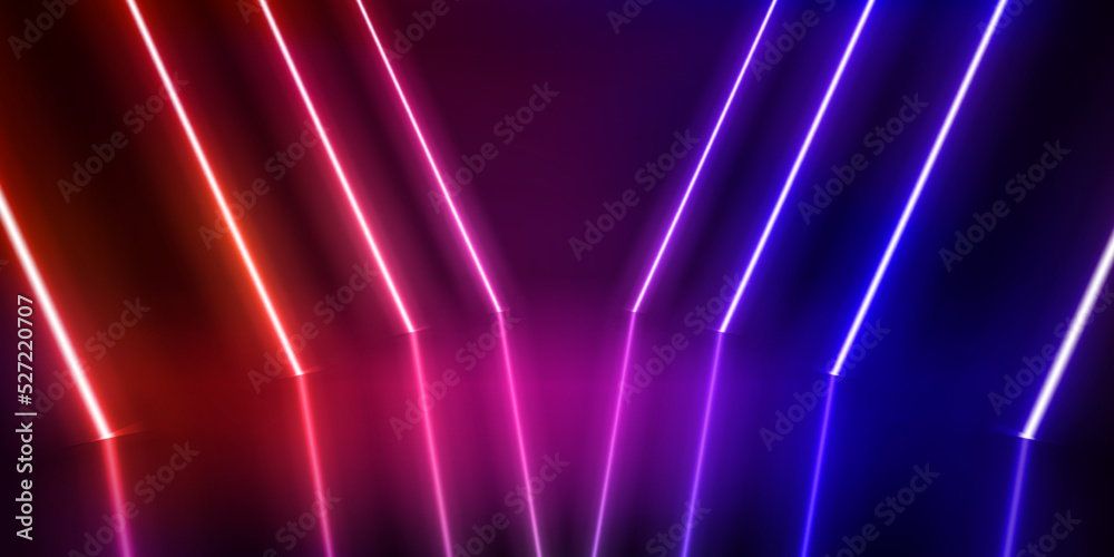 Poster illuminated interior with empty stage and red neon lights. 3d vector illustration