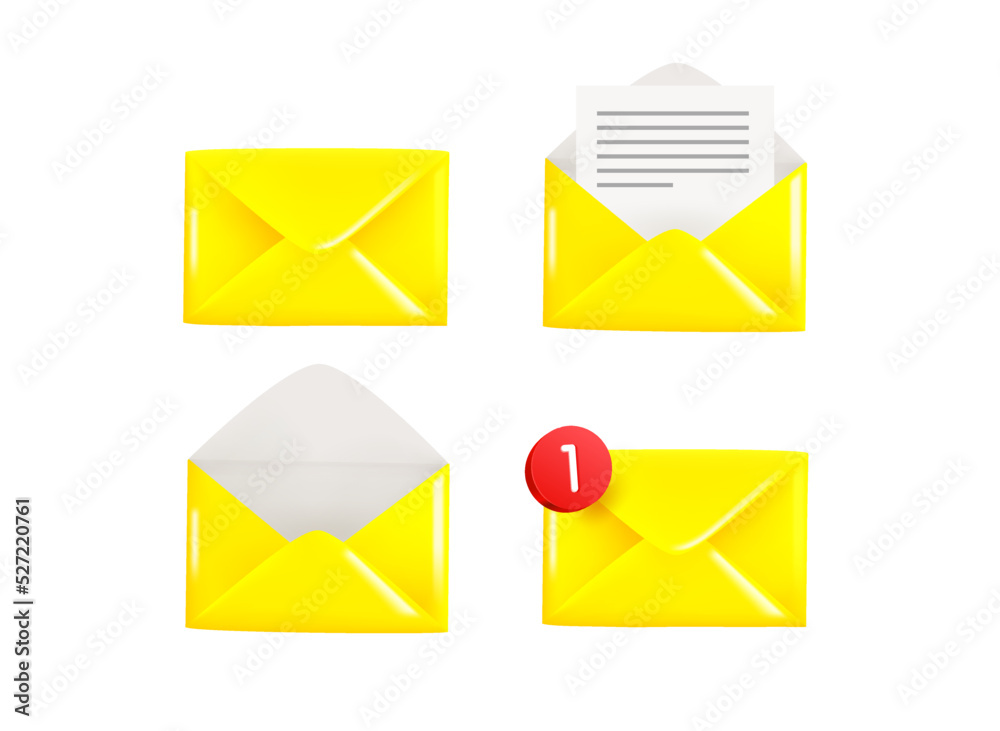 Poster different envelope icons collection. opened and closed envelope, new mail and empty letter. 3d vecto