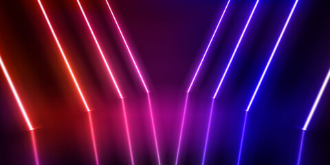 Illuminated interior with empty stage and red neon lights. 3d vector illustration