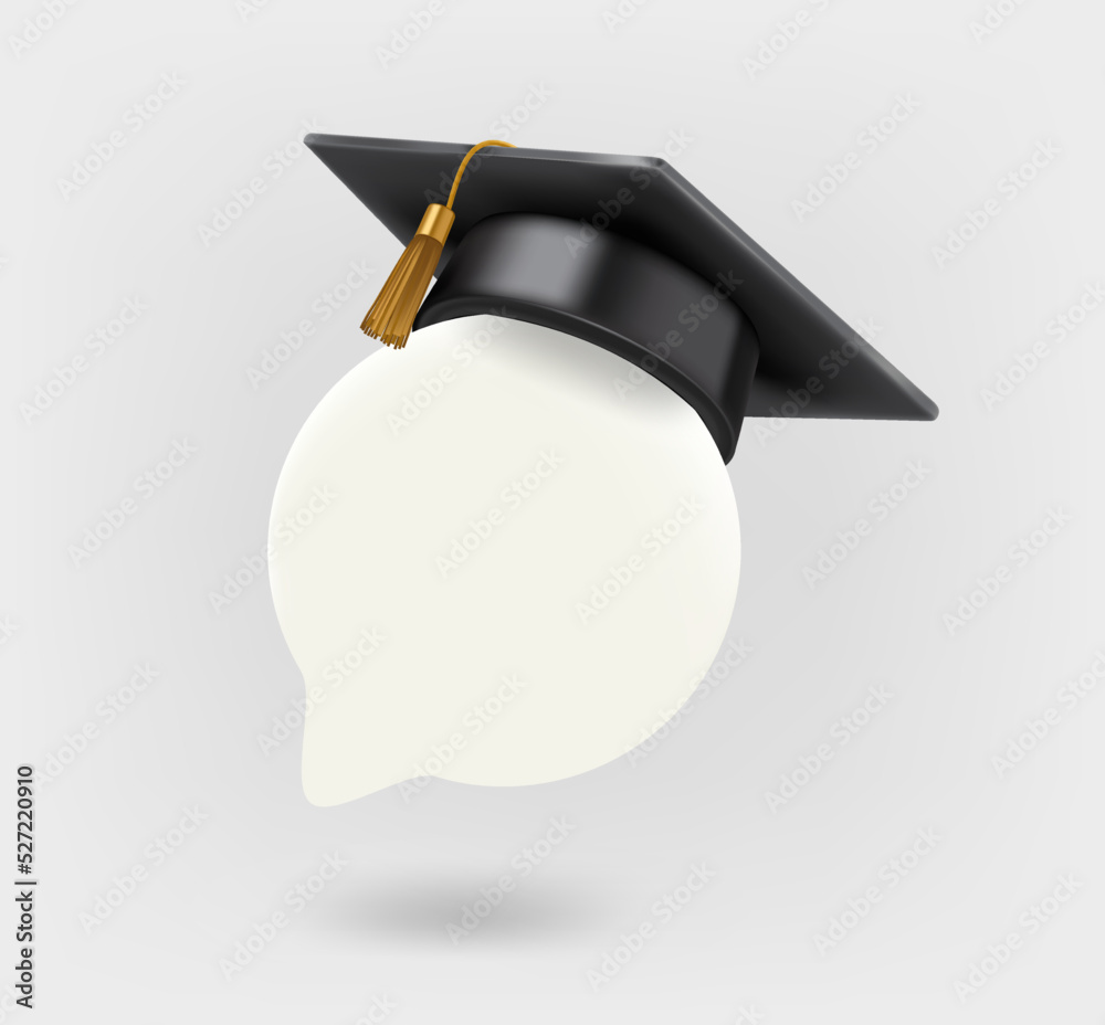 Poster black graduation cap with blank speech cloud. 3d vector icon isolated on white background