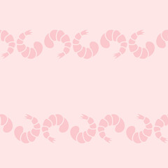 Shrimp. Seamless horizontal border. Repeating vector pattern. Pink seafood. Shrimp tail. Isolated pink background. Endless ornament. Flat style.