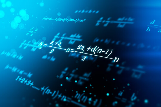 Glowing mathematical formulas on blue texture. Education, knowledge and statistics concept. 3D Rendering.