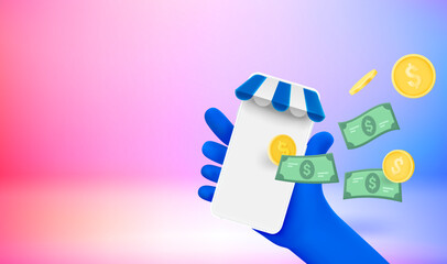 Making purchasing online concept. 3d vector banner with copy space