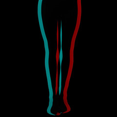 Beautiful and slim woman legs with black tights in RGB color split effect and black background. RGB effect make reflection of model legs in red and blue colors. Abstract and futuristic looking style