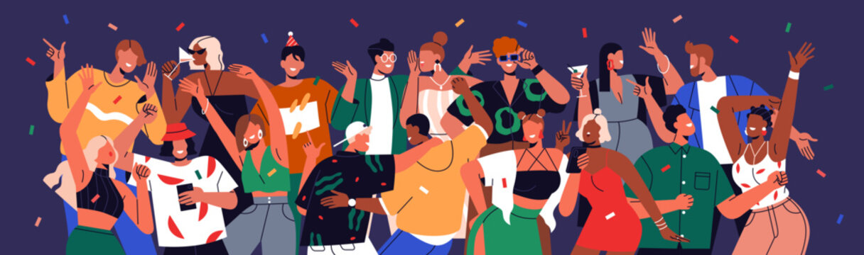 Happy people crowd at holiday party. Friends dancing, having fun together. Young men and women characters group, youth celebrating event with joy. Nightlife concept. Colored flat vector illustration