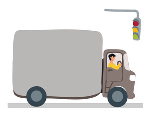 A male truck driver stands at a traffic light and waits for a green traffic light. Rules of the road. Isolated on white background, flat vector illustration