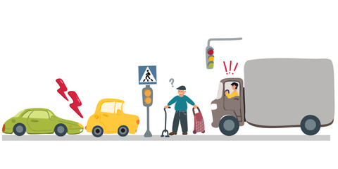 An aggressive or angry male driver yells at an elderly man who is crossing the road. Pedestrian crossing. car accident. Road rage. Vector illustration. Copy space
