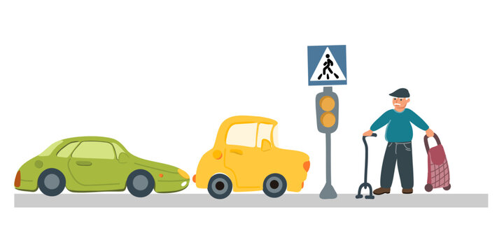  Cars stopped in front of an unregulated pedestrian crossing to let a pedestrian, an elderly or old man with a cane and a bag, pass. The situation on the road. Vector illustration. Copy space.