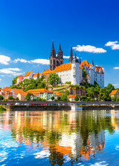 Awesome view on Albrechtsburg castle and cathedral on the river Elbe. Meissen, Saxony, Germany - obrazy, fototapety, plakaty