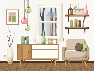 Cozy autumn living room interior with an armchair, a dresser, bookshelves, and colorful hanging lamps. Cartoon vector illustration