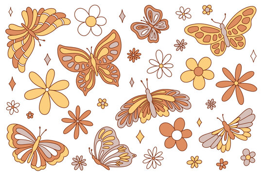 Boho retro groovy butterflies and flowers vector set. Clip art for boho poster, card, t shirt print, sticker.