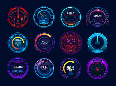 Car speedometer gauges, speed meter neon digital display dials. Isolated vector auto vehicle dashboard indicators, internet download and upload test scale, futuristic speed measurement 