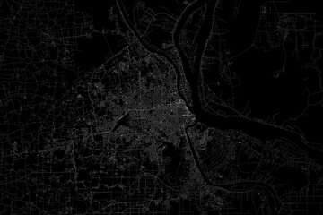 Stylized map of the streets of Phnom Penh (Cambodia) made with white lines on black background. Top view. 3d render, illustration