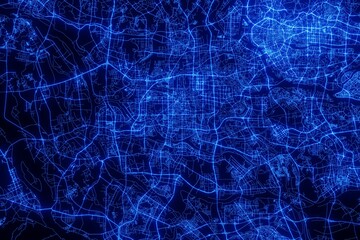 Street map of Foshan (China) made with blue illumination and glow effect. Top view on roads network