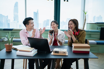 individual team training business office business education group asia teamwork.Conduct a seminar on a success communication strategy.Students and young female students and colleagues start a computer