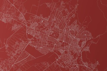 Map of the streets of Karaj (Iran) made with white lines on red background. Top view. 3d render, illustration