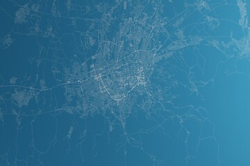 Map of the streets of Almaty (Kazakhstan) made with white lines on blue paper. Rough background. 3d render, illustration