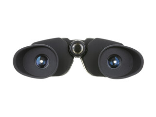 Modern compact binoculars, view from the eyepieces. Dark grey color. Isolated on white background.