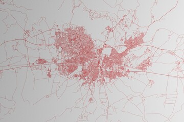 Map of the streets of Adana (Turkey) made with red lines on white paper. 3d render, illustration