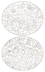 A set of contour illustrations in the style of stained glass with cute sloth and chameleon on tree branches, dark contours on a white background