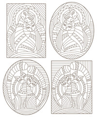 Fototapeta na wymiar Set of outline illustrations in the style of stained glass with abstract cats , dark outlines on white background