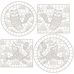 Set of contour illustrations of stained glass Windows with cute cartoon cats on a cloud background, dark contours on a white background