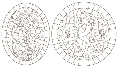 Set contour illustrations of stained glass with sea horses on a background of seaweed, dark outline on a white background © Zagory