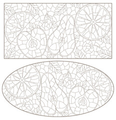 A set of contour illustrations with fruits, dark contours on a white background