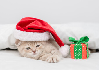 Cute kitten wearing red santa's hat lying with gift box under a white blanket on a bed