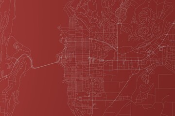 Map of the streets of Kelowna (Canada) made with white lines on red background. Top view. 3d render, illustration