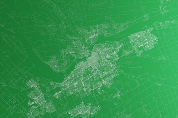 Map of the streets of Ottawa (Canada) made with white lines on green paper. Rough background. 3d render, illustration