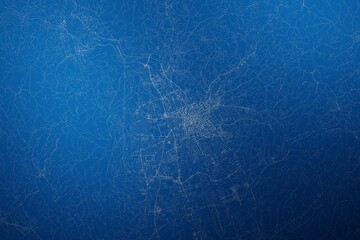 Stylized map of the streets of Graz (Austria) made with white lines on abstract blue background lit by two lights. Top view. 3d render, illustration