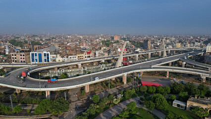 Fototapeta premium A 180-degree aerial panorama of Aazadi Chowk interchange after sunrise. 